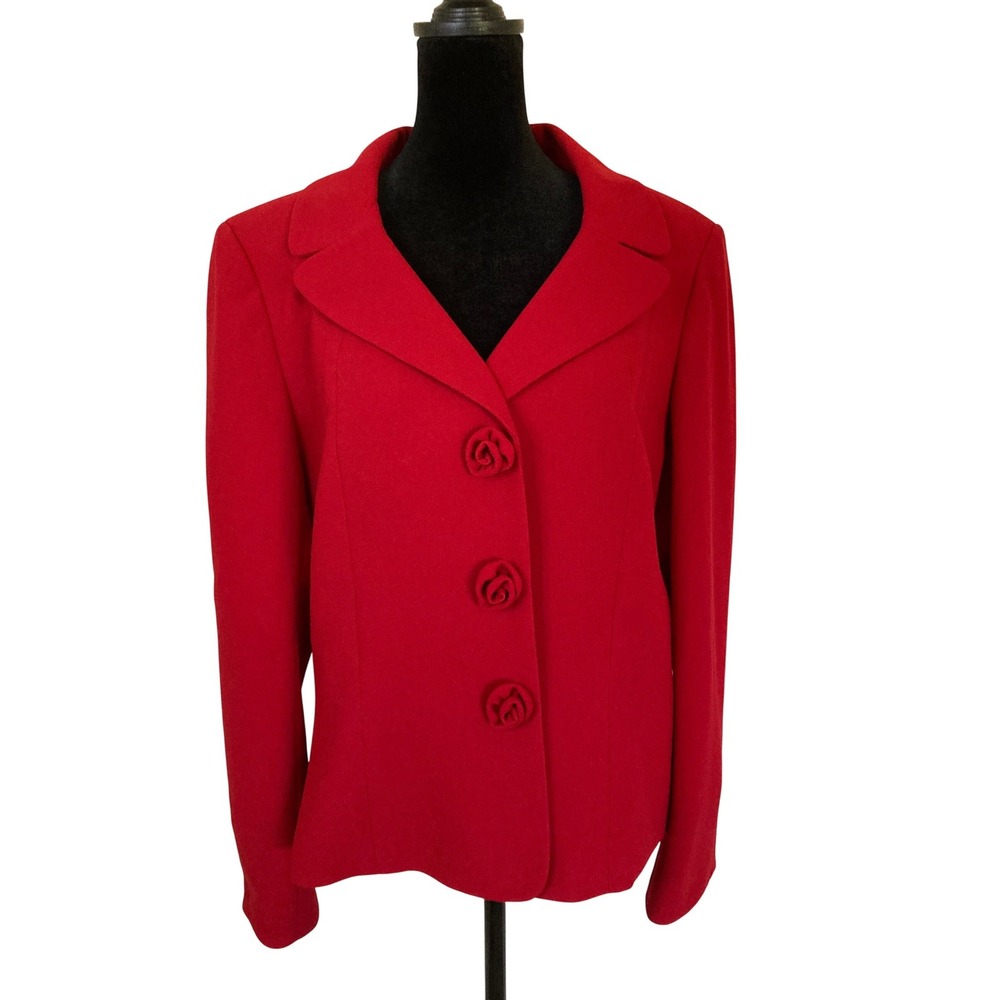Le Suit Essentials Red Blazer Jacket Rosette Buttons Split Cuff Women Size 14